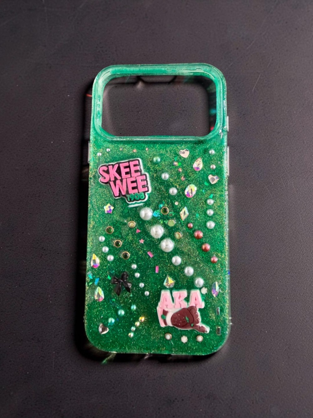 AKA Green Glitter Embellished Phone Case with Pearls & Charms